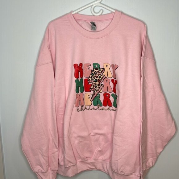 Merry Merry Merry Christmas Pink Holiday Christmas Sweatshirt Plus Size 2XL - Picture 2 of 11